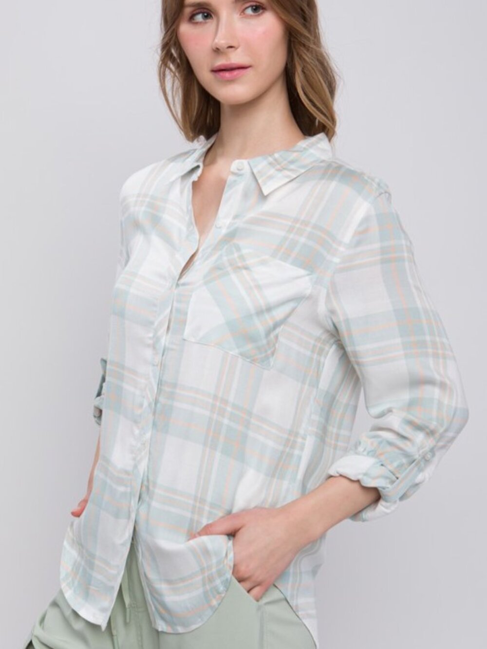 Lightweight Plaid Button-Up Top - Mint Green - Picture 3 of 15